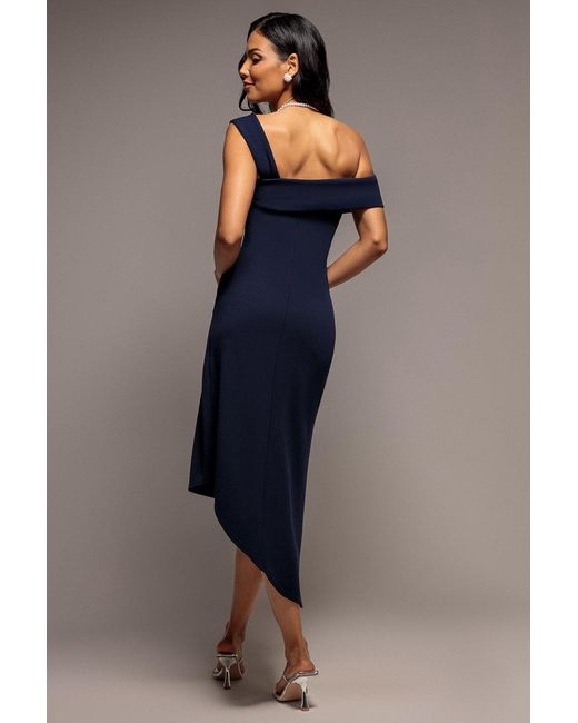 Goddiva Blue Off Shoulder Pleated Waist Asymmetric Midaxi Dress