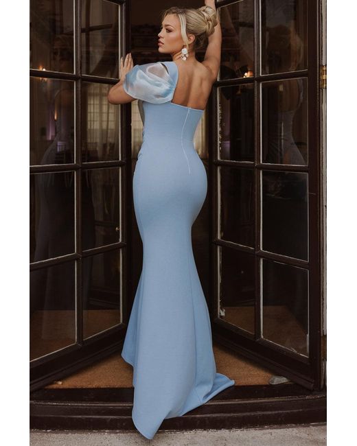 Goddiva Black Organza Bow One Shoulder Scuba Crepe Maxi Dress