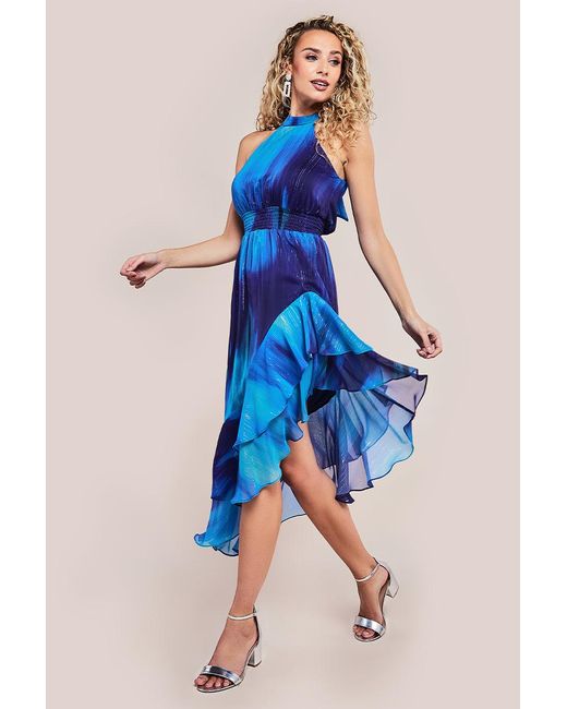 Goddiva Blue Halter Neck Chiffon Tie Midaxi Dress