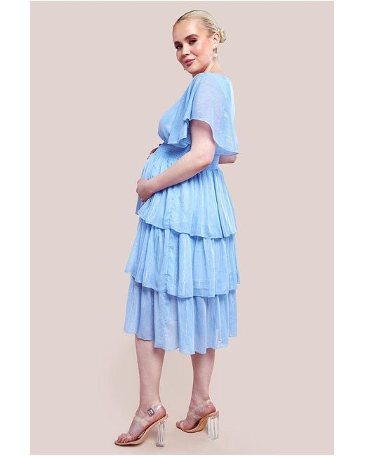 Goddiva Blue Maternity Plain Lurex Chiffon Tiered Midi Dress