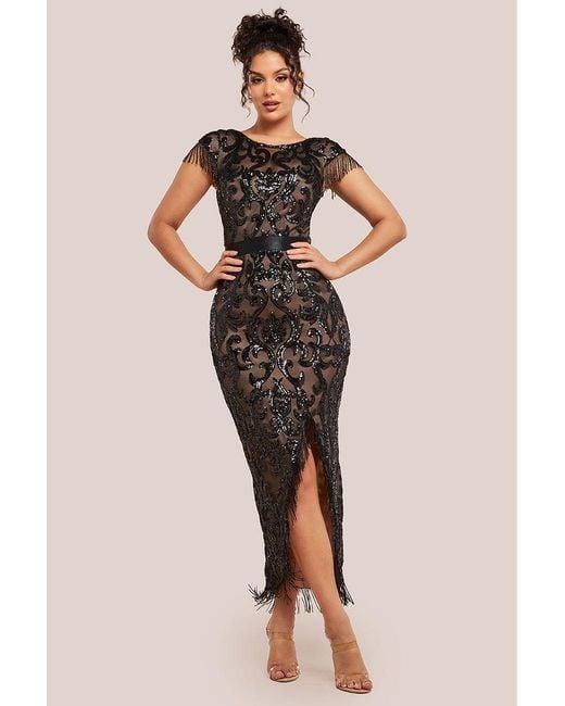 Goddiva Gray Tassel Split Maxi Dress