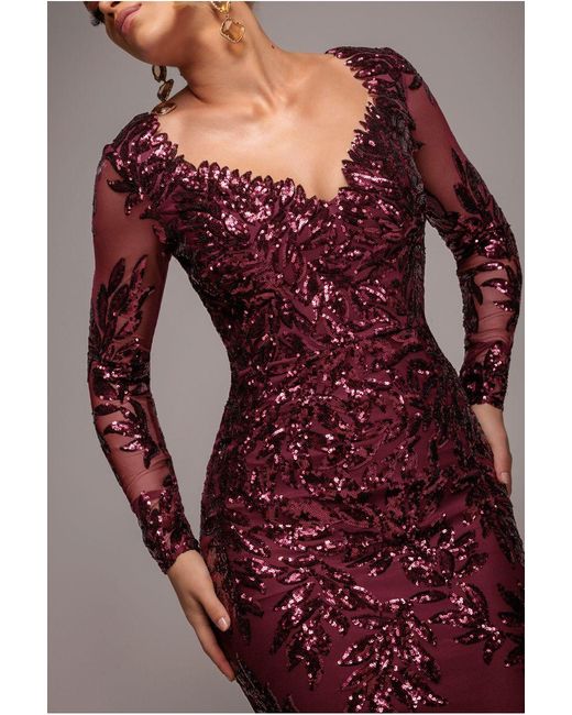 Goddiva Purple Sequin Leaf Long Sleeve Maxi Dress