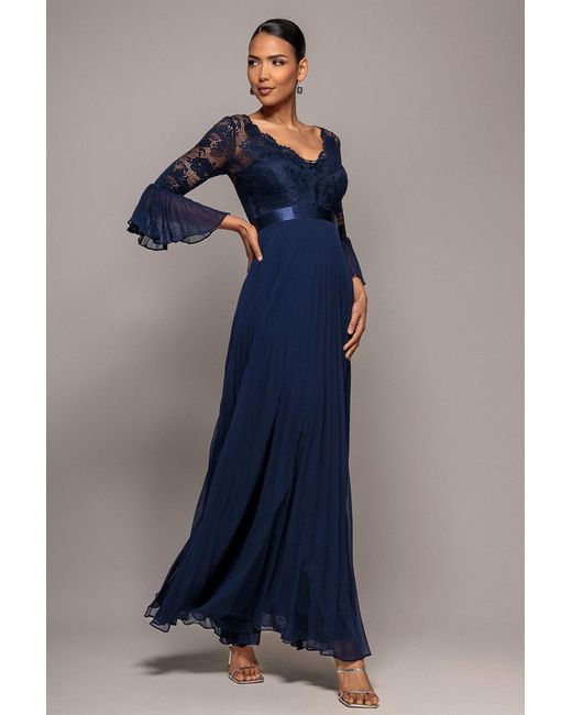 Goddiva Green Scalloped Lace Bodice Pleated Chiffon A Line Maxi Dress