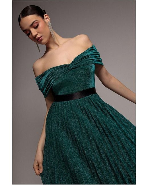 Goddiva Green Bardot Pleated Skirt Maxi