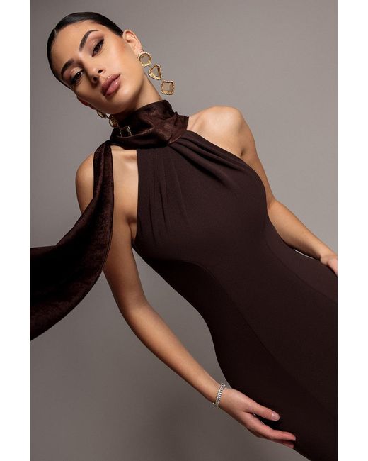 Goddiva Brown Scuba & Soft Satin Halterneck Midi Dress With Back Sash