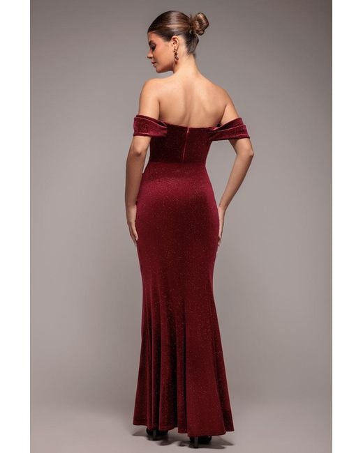 Goddiva Red Glitter Velvet Cowl Neck Pleated Waist Maxi Dress