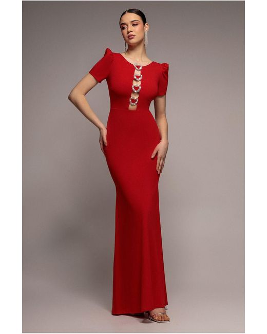 Goddiva Red Diamante Embellished Heart Brooch Scuba Maxi Dress