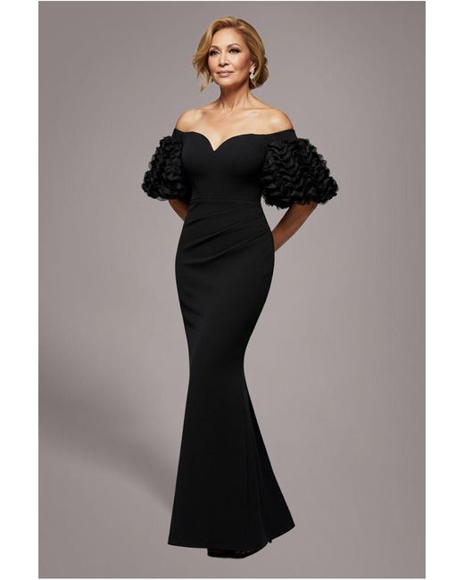 Goddiva Women's Black Off The Shoulder 3D Puffed Sleeve Sweetheart Maxi  Dress