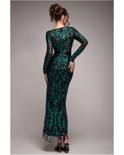 Goddiva Blue Sequin Tassel Maxi Dress With Thigh Slit