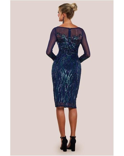 Goddiva Blue Long Sleeve Sequin Flame Midi Dress