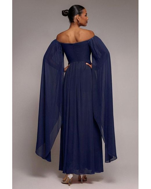 Goddiva Blue Chiffon Off The Shoulder Maxi With Cape Sleeves