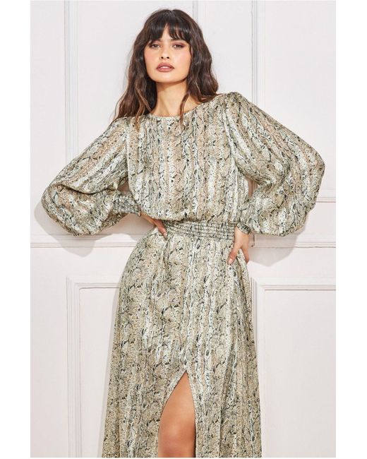Goddiva Natural Shirred Waist Chiffon Printed Maxi