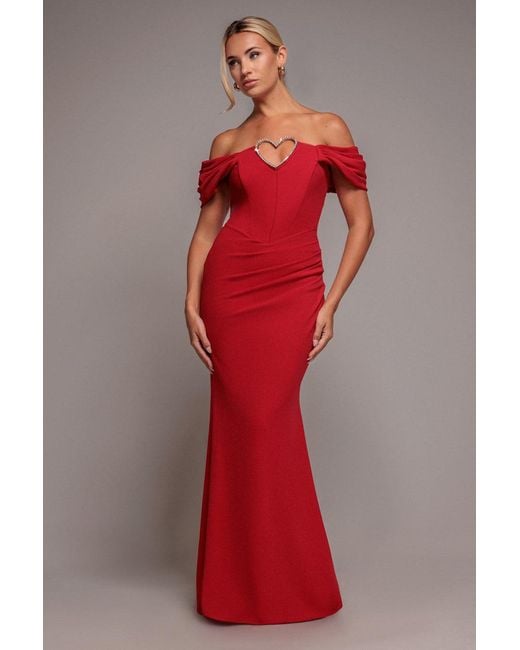 Goddiva Red Diamante Heart Trim Evening Maxi Dress
