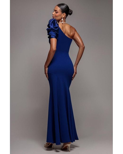 Goddiva Blue One Shoulder Puffed Satin Sleeve Evening Maxi Dress