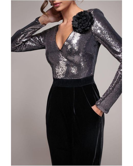 Goddiva Blue Liquid Sequin Jumpsuit With Corsage