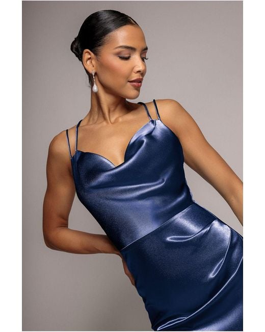 Goddiva Blue Cowl Neck With Strappy Back Satin Maxi