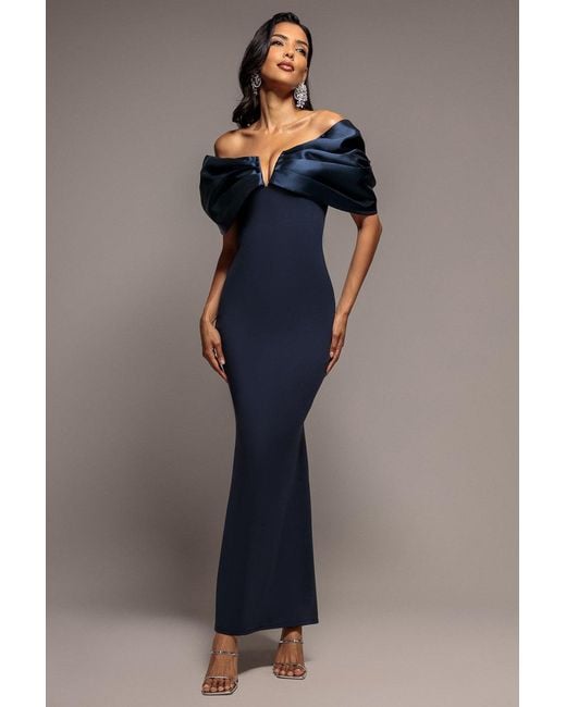 Goddiva Blue Satin Plunge Neck Bardot Scuba Maxi Dress