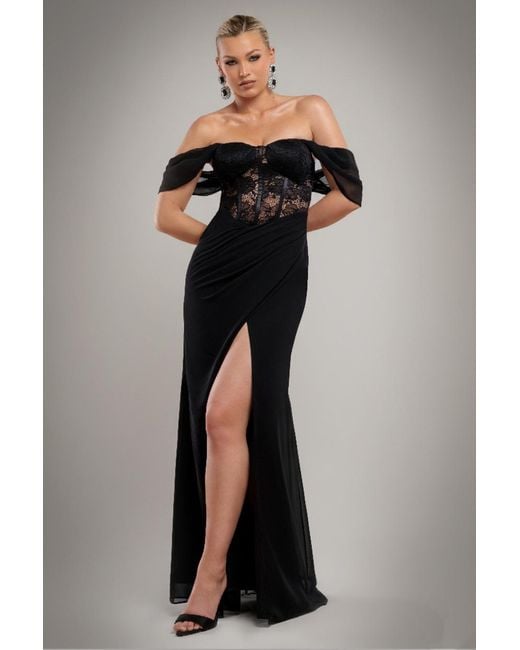 Goddiva Black Scalloped Lace & Chiffon Winged Corset Bodice Maxi Dress