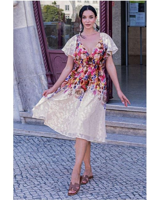 Goddiva Pink Floral Flutter Sleeve Wrap Midi Dress