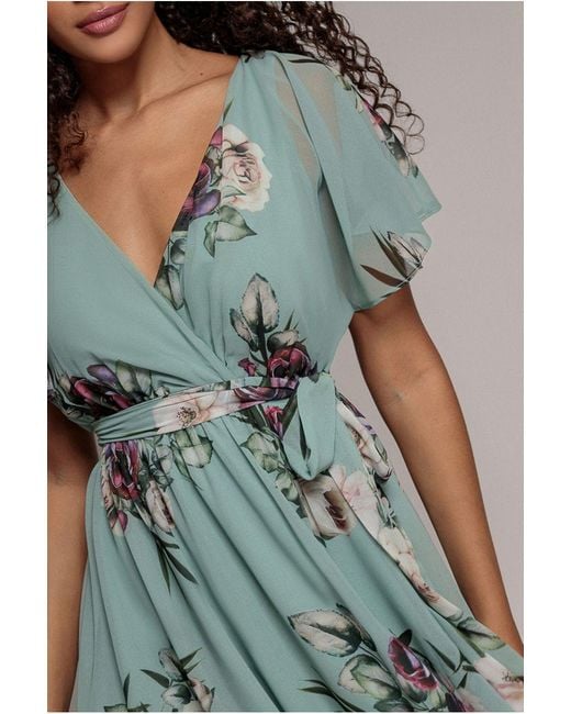 Goddiva Green Floral Flutter Sleeve Chiffon Midi Dress