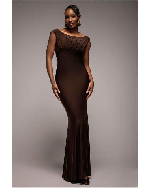 Goddiva Brown Open Back Cowl Neck Gathered Maxi Dress With Velvet Tie Back
