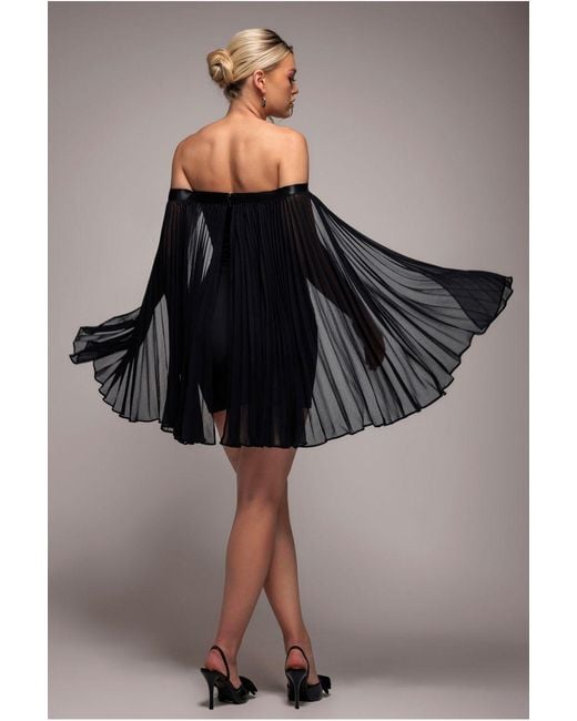 Goddiva Black Strapless Mini Dress With Pleated Chiffon Cape