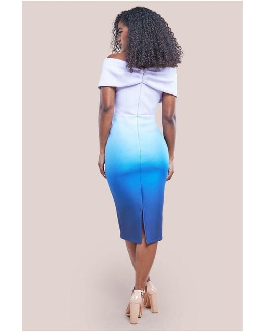 Goddiva Blue Ombre Front Wrap Bardot Midi Dress