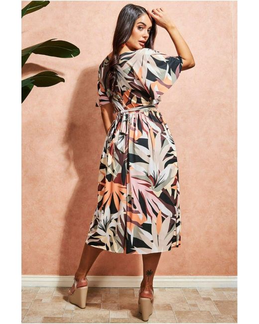Goddiva Brown Leaf Print Midi With Flutter Sleeves