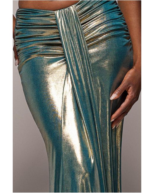 Goddiva Metallic Gathered Front Dipped Waist Foil Maxi Skirt