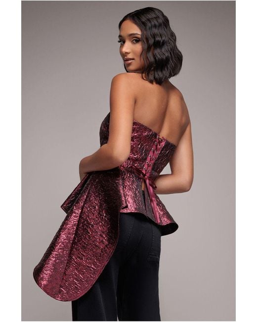 Goddiva Red Boob Tube Jacquard Top With Asymmetric Peplum Frill