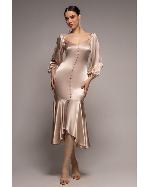 Goddiva Pink Satin Viscose Front Buttoned Dipped Hem