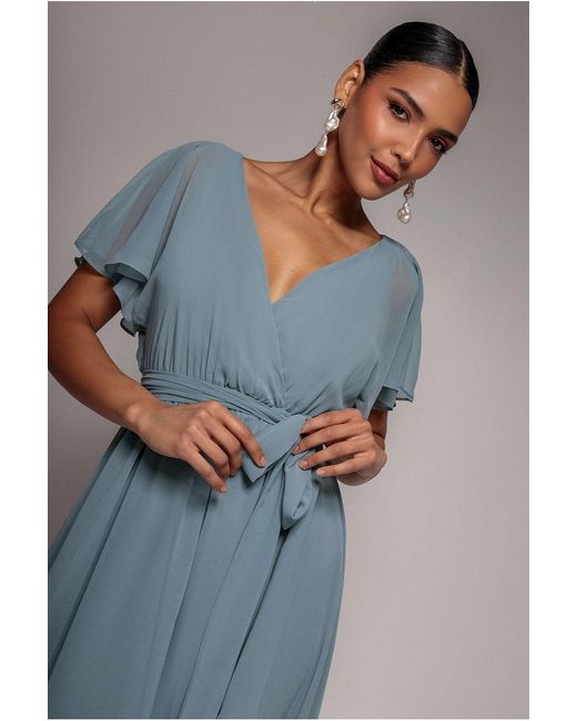 Goddiva Blue Chiffon Flutter Sleeve Wrap Midi Dress