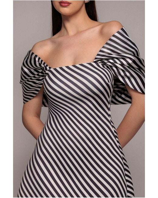 Goddiva Gray Stripe Off Shoulder Bow Back Satin Bow Mini Dress