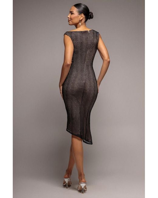 Goddiva Gray Floral Embroidery Asymmetric Lace Midi Dress