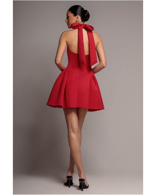 Goddiva Red Corset Fit And Flare Halter Neck Skater Mini Dress