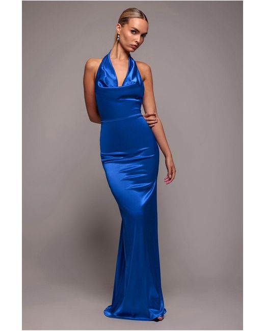 Goddiva Blue Halter Cowl Neck Back Maxi Dress