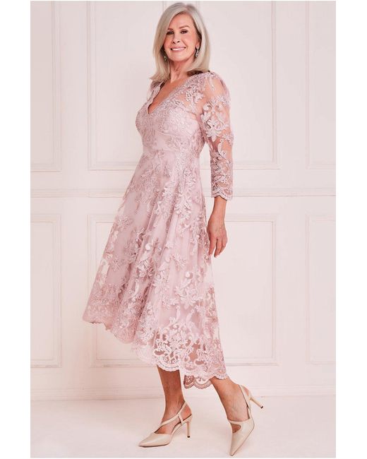 Goddiva Pink Scalloped Dipped Hem Lace Midi