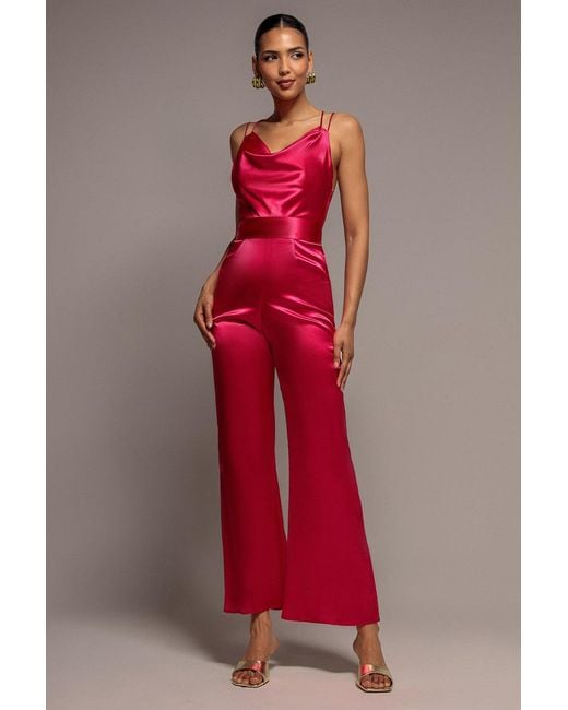 Goddiva Red Satin Cowl Neck Romper