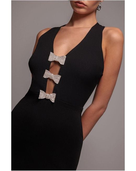 Goddiva Black Embellished Bow Mermaid Halter Maxi Dress
