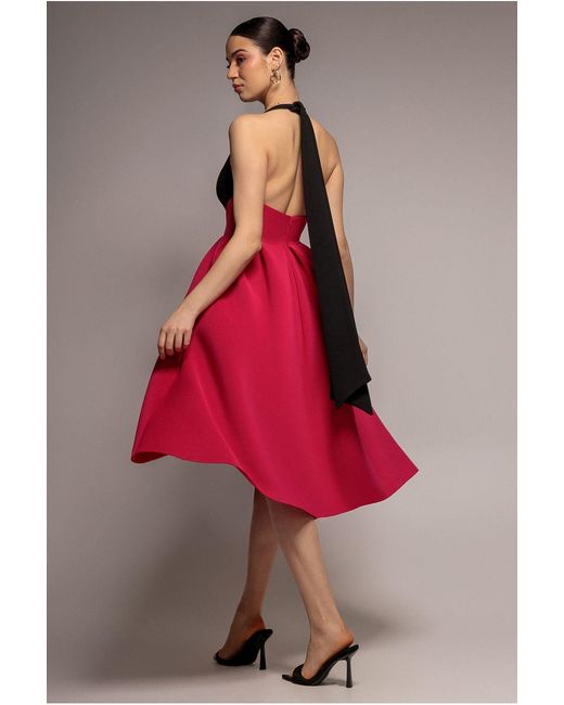 Goddiva Pink Contrast Halter Neck Pleated A-Line Midaxi Dress