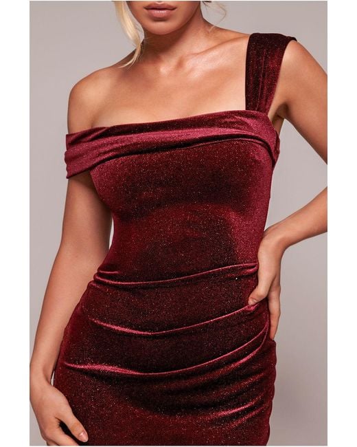 Goddiva Red Glitter Polka Dot Velvet One Shoulder Maxi Dress