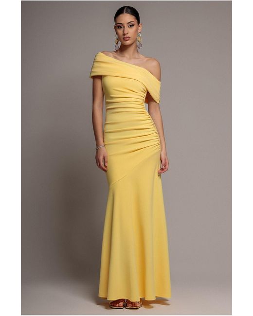 Goddiva Metallic Pleated One Shoulder Bardot Fit And Flare Maxi Dress