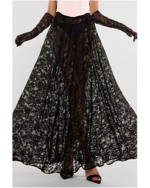 Goddiva Black Front Pleated Wrap Off The Shoulder Corset With Lace A-Line Skirt With Scarf & Gloves