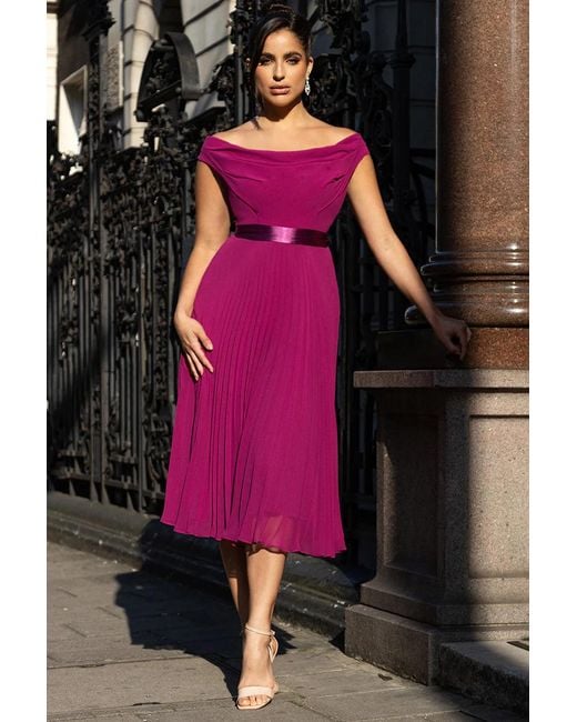 Goddiva Pink Cowl Neck Pleated A-Line Chiffon Midi Dress