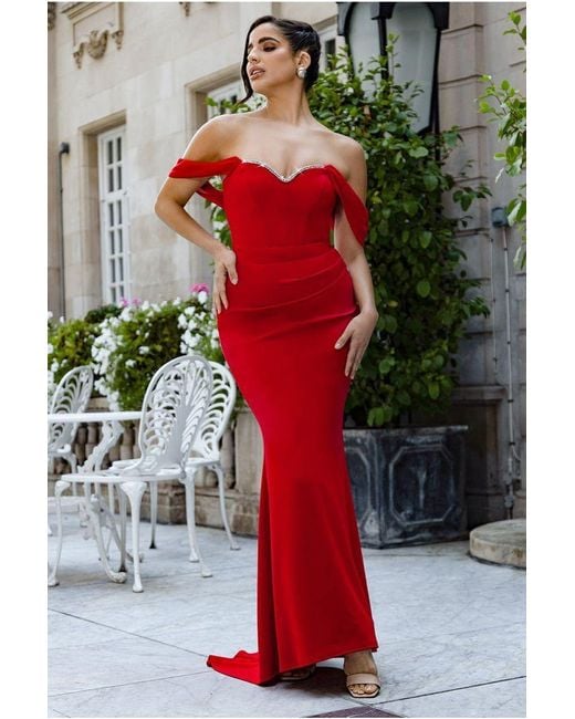 Goddiva Red Off The Shoulder Draped Sleeve Maxi Dress With Diamante Neckline