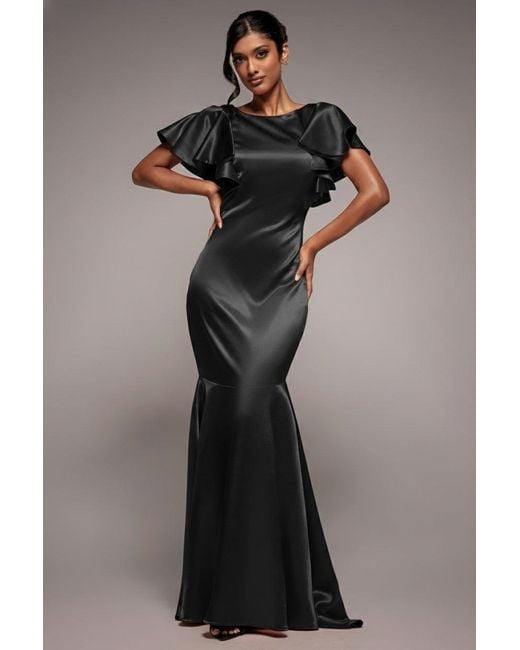 Goddiva Blue Satin Flutter Sleeve Mermaid Maxi