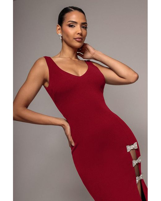 Goddiva Red Diamante Brooch Thigh Split Mermaid Maxi Dress