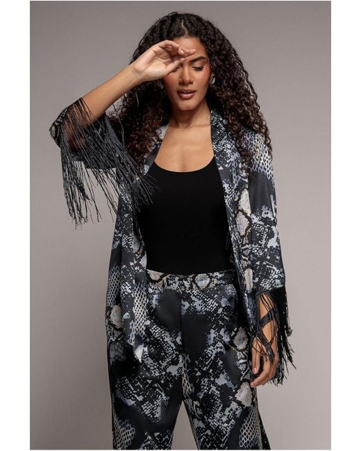 Goddiva Black Foil Print Kimono With Tassels