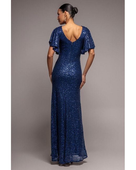 Goddiva Blue Sequin Flutter Sleeve Maxi