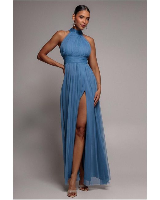Goddiva Blue Halter Neck Mesh Tie Maxi Dress